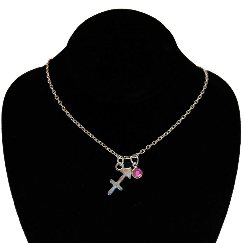 NEW - Sagittarius “The Archer” Zodiac Silver Pendant Necklace w Hot Pink Charm